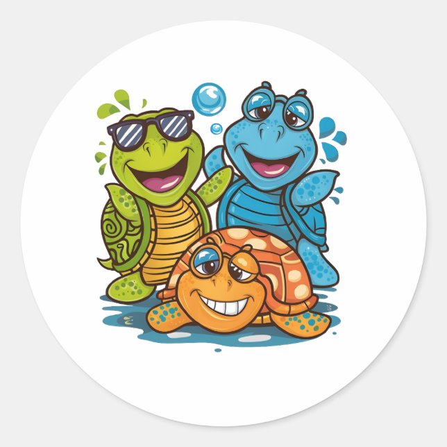 Sticker Rond Fun Summer Turtles Squad Kids Beach Design (Devant)