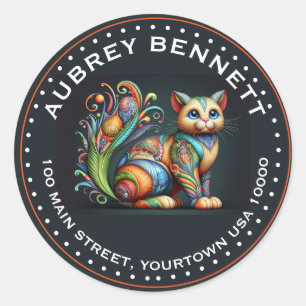 Sticker Rond FUN WHIMISCIAL COLORÉ PEINTE CHAT Nom et adresse