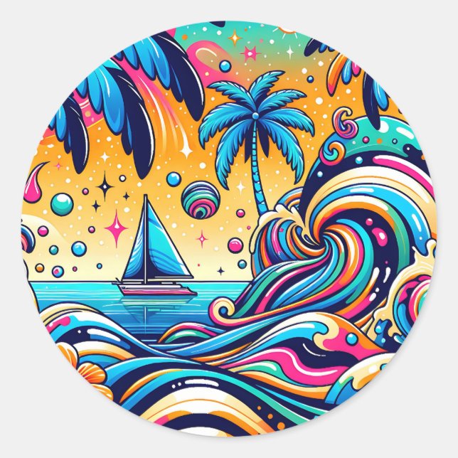 Sticker Rond Fun Whimsic Psychedelic Voilier (Devant)
