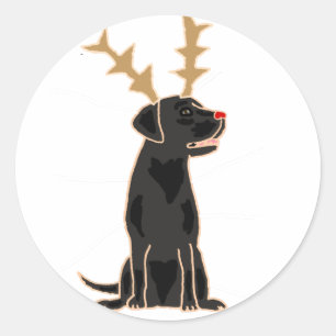 Sticker Rond Funky Black Lab avec Reindeer Antlers Noël
