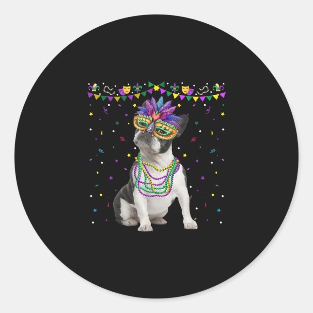 Sticker Rond Funky Boston Terrier portant le Masque de Carnaval (Devant)