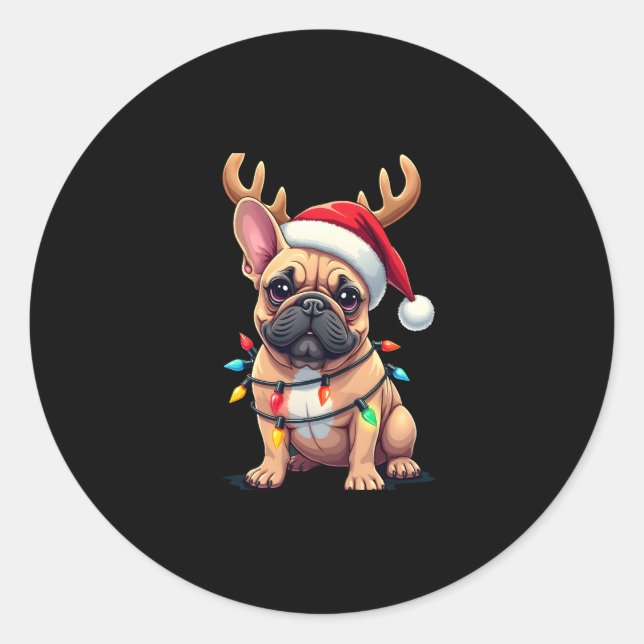 Sticker Rond Funky French Bulldog Christmas Light Santa Hat Rei (Devant)