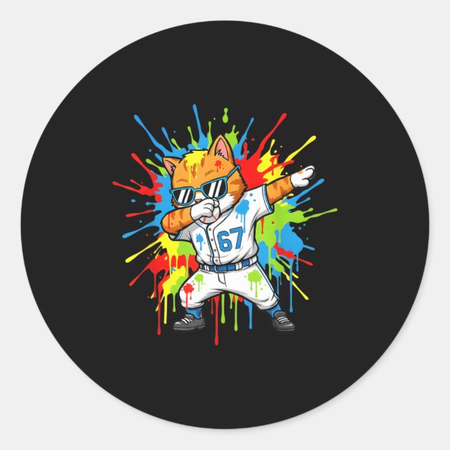 Sticker Rond Funny 67 Baseball Dabbing Cat 6 7 Dripng Ice Cream (Devant)