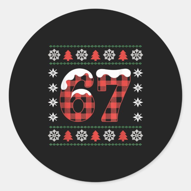Sticker Rond Funny 67 Buffalo Plaid Christmas Snow Ugly Sweater (Devant)