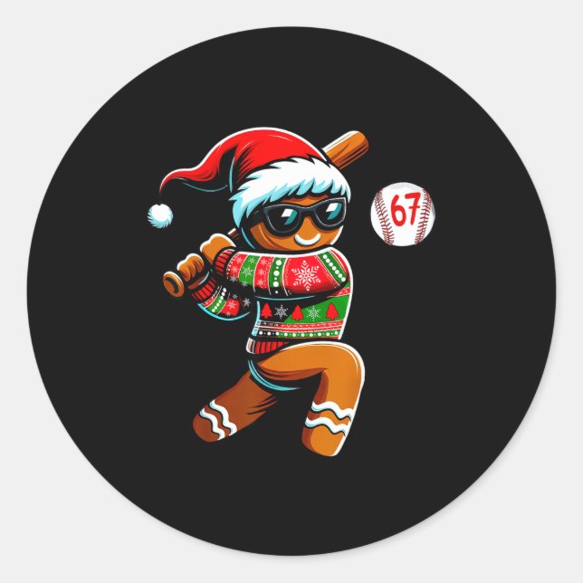 Sticker Rond Funny 67 Gingerbread Man Playing Baseball Christma (Devant)