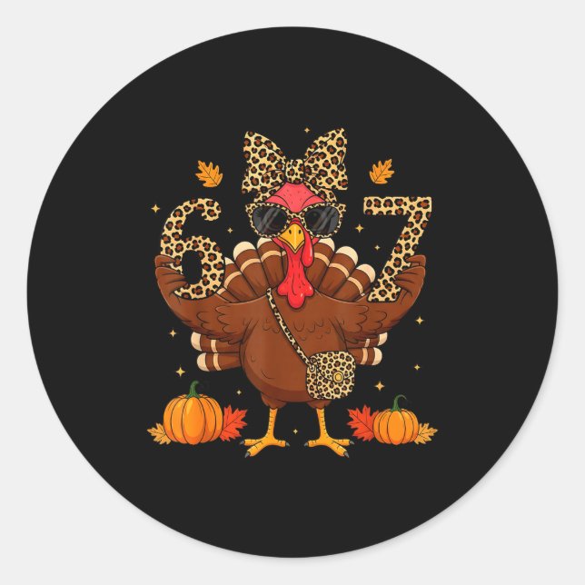 Sticker Rond Funny 6 7 Thanksgiving Leopard Bow Turkey Six Seve (Devant)