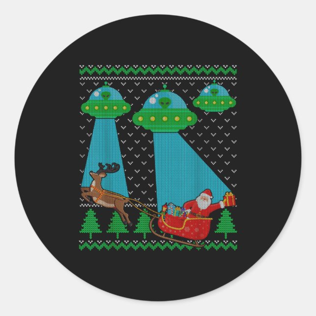 Sticker Rond Funny Alien Ufo Santa Sleigh Ugly Christmas Sweate (Devant)