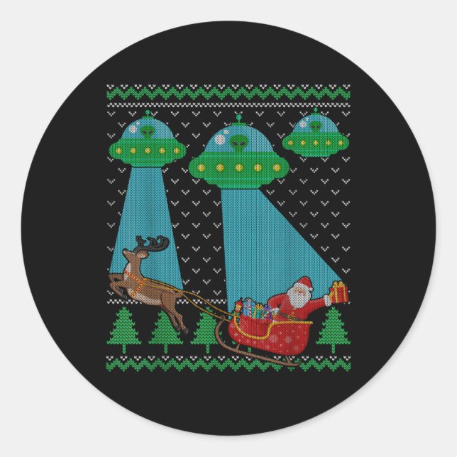 Sticker Rond Funny Alien Ufo Santa Sleigh Ugly Christmas Sweate (Devant)