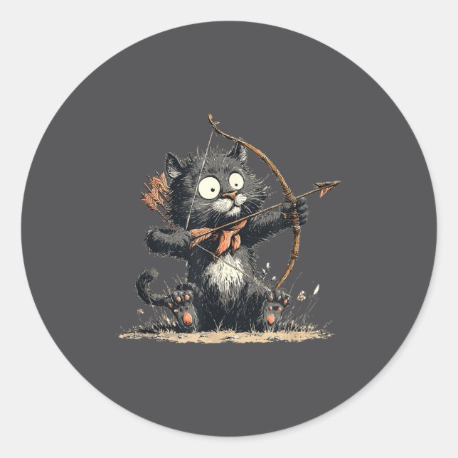 Sticker Rond Funny Archer Cat With Bow And Arrow Graphic Costum (Devant)