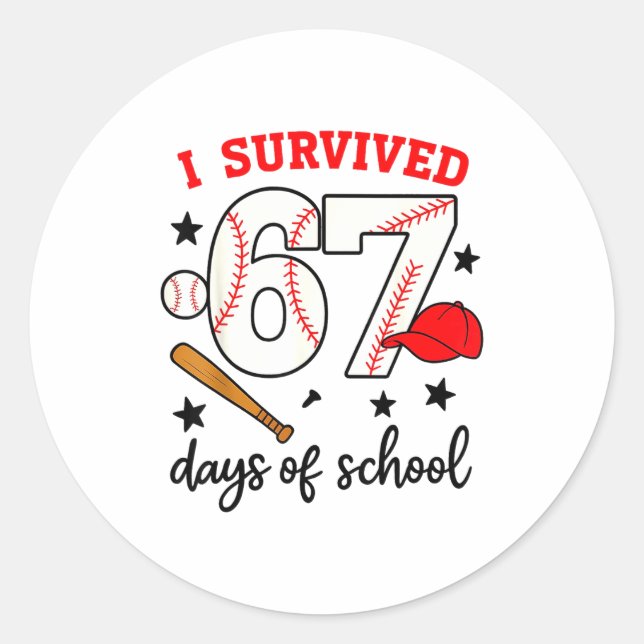 Sticker Rond Funny Baseball I Survived 67 Days Of School Design (Devant)