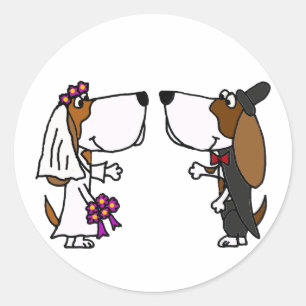 Sticker Rond Funny Basset Hound Bride et Groom Mariage Art