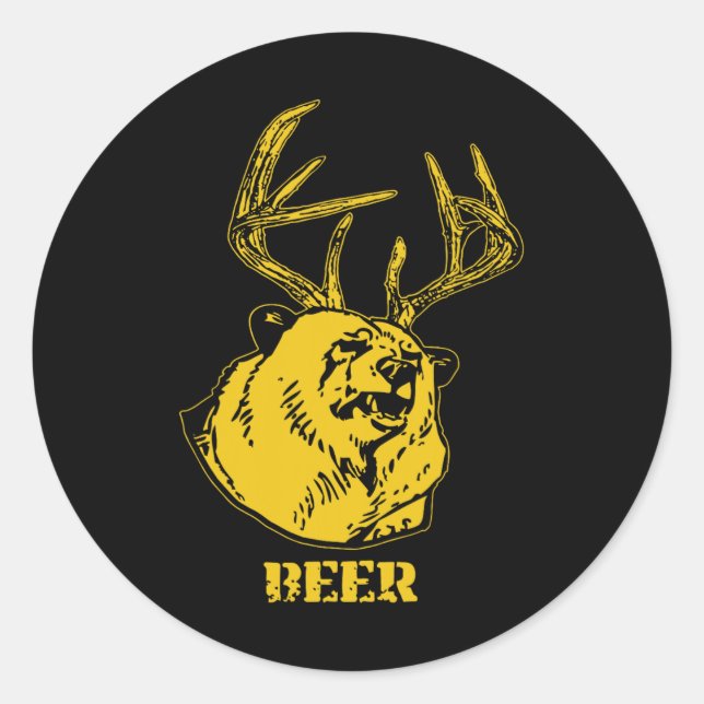 Sticker Rond Funny Bear Plus Deer Équivalent Beer Deer Hunting  (Devant)
