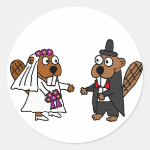 Sticker Rond Funny Beaver Bride et Mariage de chambre