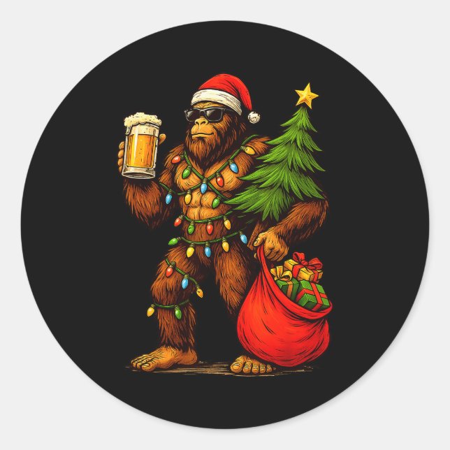 Sticker Rond Funny Big Foot Santa Hat Drink Christmas Tree Xmas (Devant)