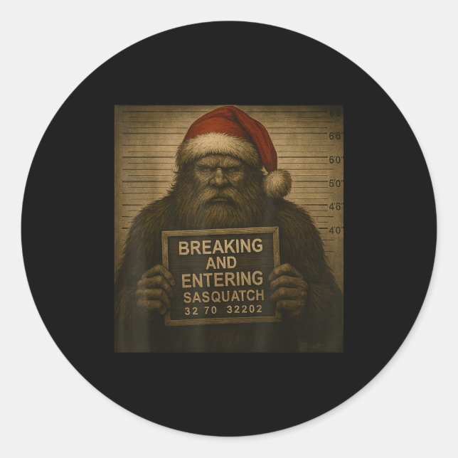 Sticker Rond Funny Bigfoot Christmas – Xmas Sasquatch Mugshot  (Devant)