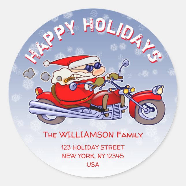 Sticker Rond Funny Biker Santa Claus Holiday Adresse de retour (Devant)