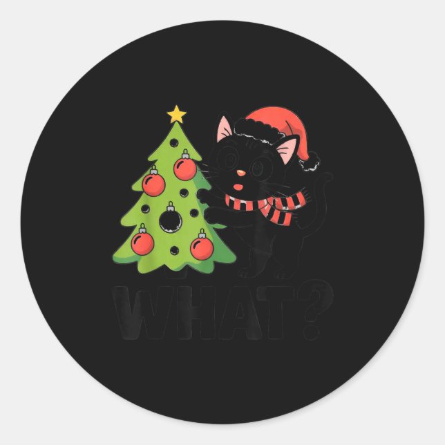 Sticker Rond Funny Black Ca Pushing Christmas Tree Over Cat Wha (Devant)