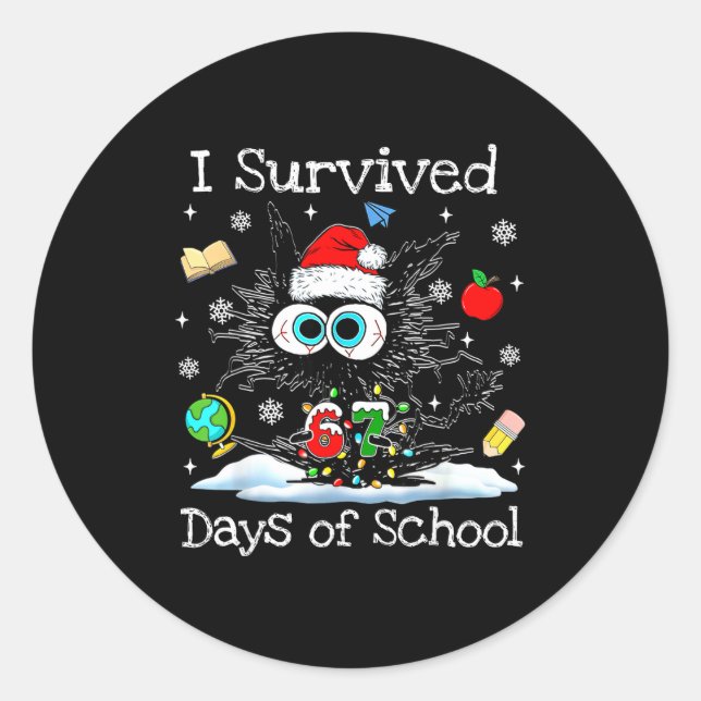 Sticker Rond Funny Black Cat Christmas I Survived 67 Days Of Sc (Devant)