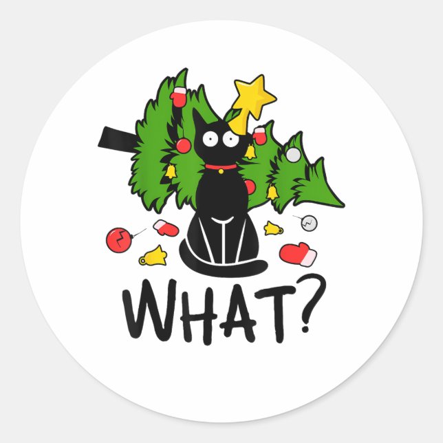 Sticker Rond Funny Black Cat Christmas Tree Merry Santa Humor C (Devant)