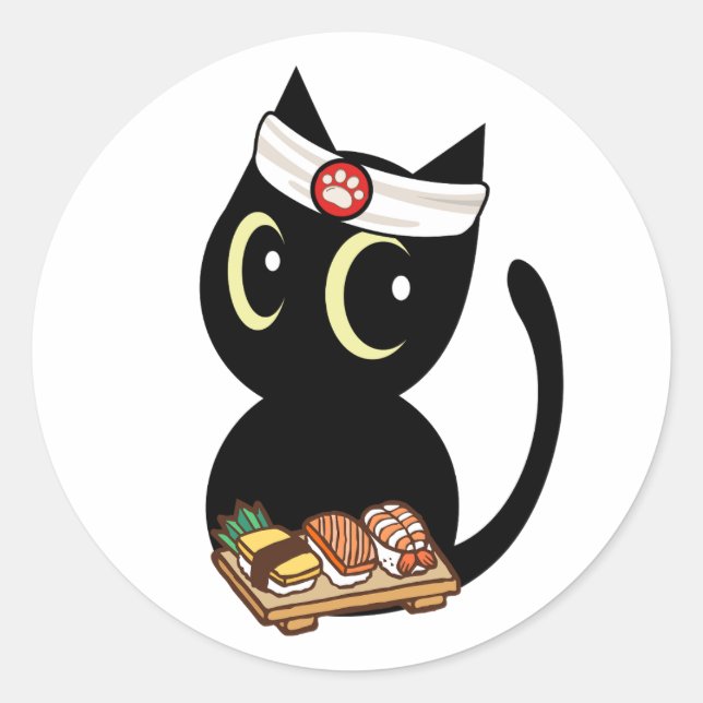 Sticker Rond Funny black cat est un chef sushi (Devant)