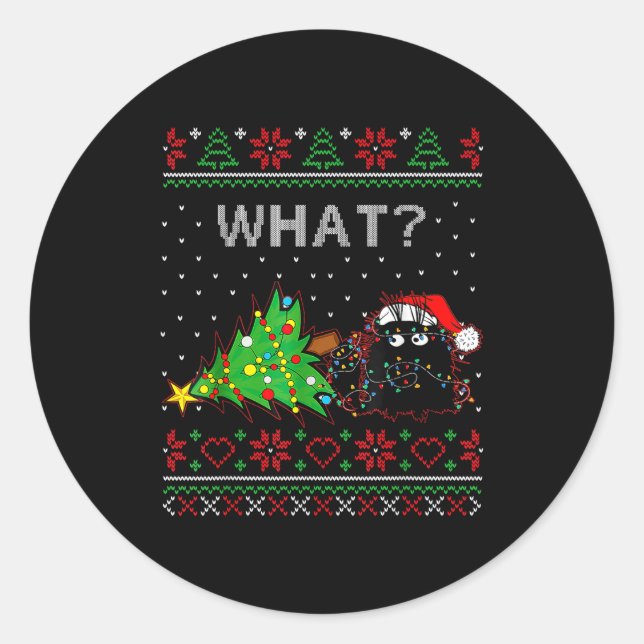 Sticker Rond Funny Black Cat Gift Pushing Christmas Tree Over C (Devant)