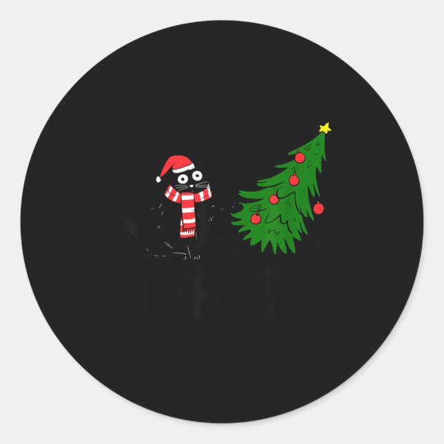 Sticker Rond Funny Black Cat Gift Pushing Christmas Tree Over C (Devant)