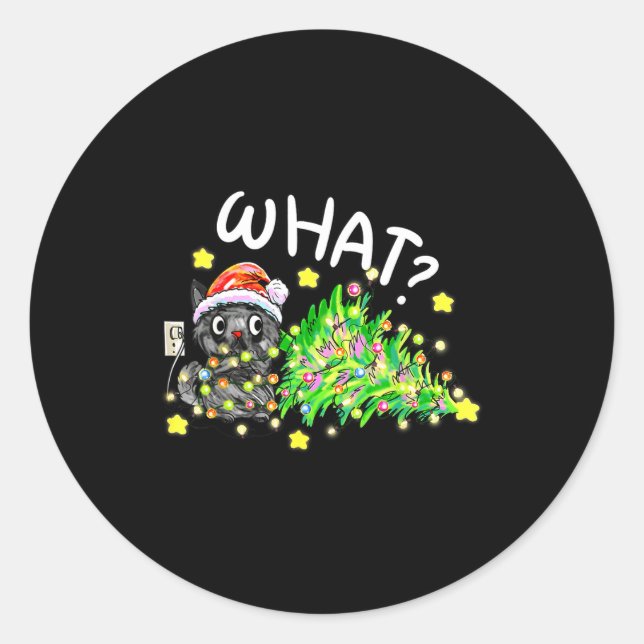 Sticker Rond Funny Black Cat Gift Pushing Christmas Tree Over C (Devant)