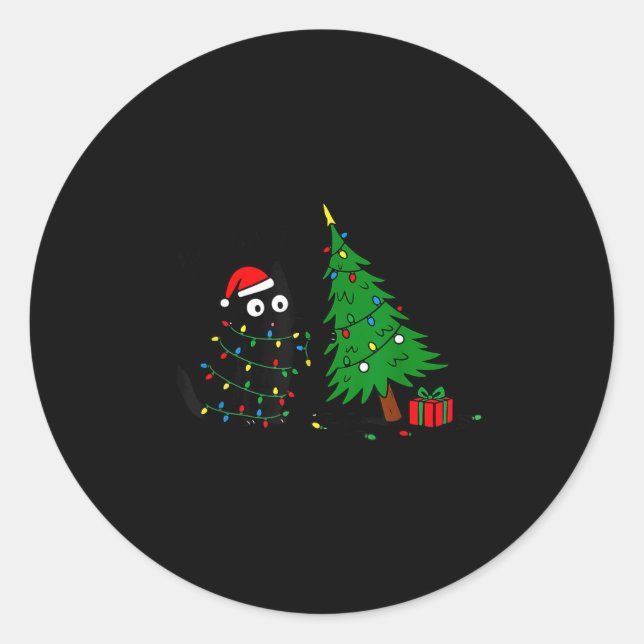 Sticker Rond Funny Black Cat Pushing 67 Christmas Tree Over Cat (Devant)