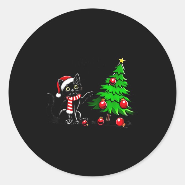 Sticker Rond Funny Black Cat Pushing Christmas Tree Over Cat Wh (Devant)