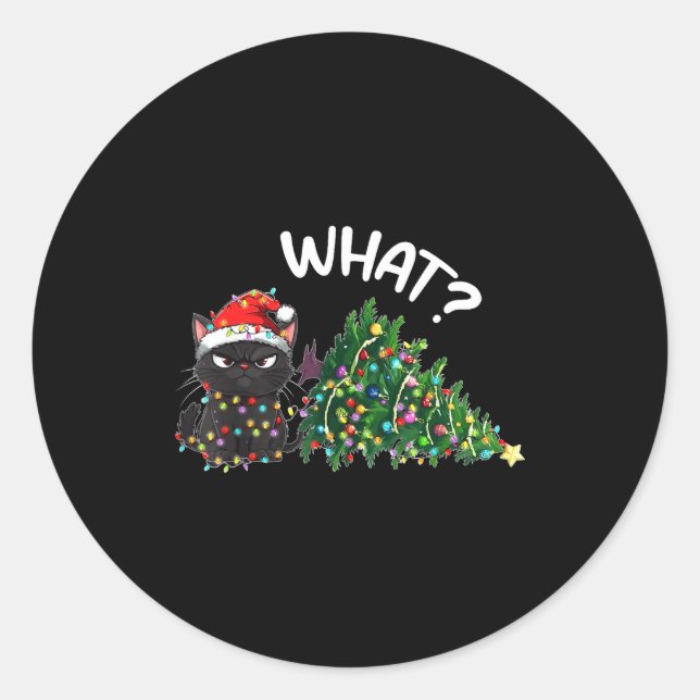 Sticker Rond Funny Black Cat What_ Christmas Tree Funny Cat Lov (Devant)