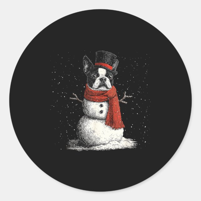 Sticker Rond Funny Boston Terrier Dog Christmas Snowman Xmas Pa (Devant)