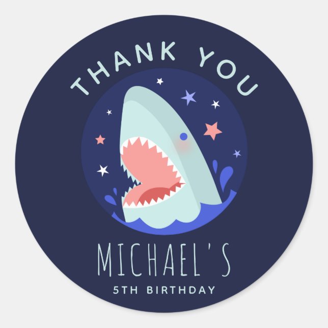 Sticker Rond Funny Boy Shark Stars Merci fête d'anniversaire (Devant)