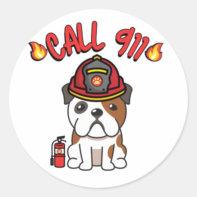 Sticker Rond Funny bulldog est un pompier (Devant)