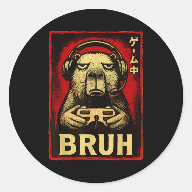 Sticker Rond Funny Capybara Gamer Bruh Graphic Tee Men Boys Tee (Devant)