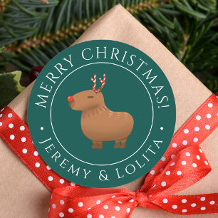 Sticker Rond Funny Capybara Reindeer Noël