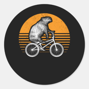 Sticker Rond Funny Capybara vélo d'équitation Retro Capibara vé