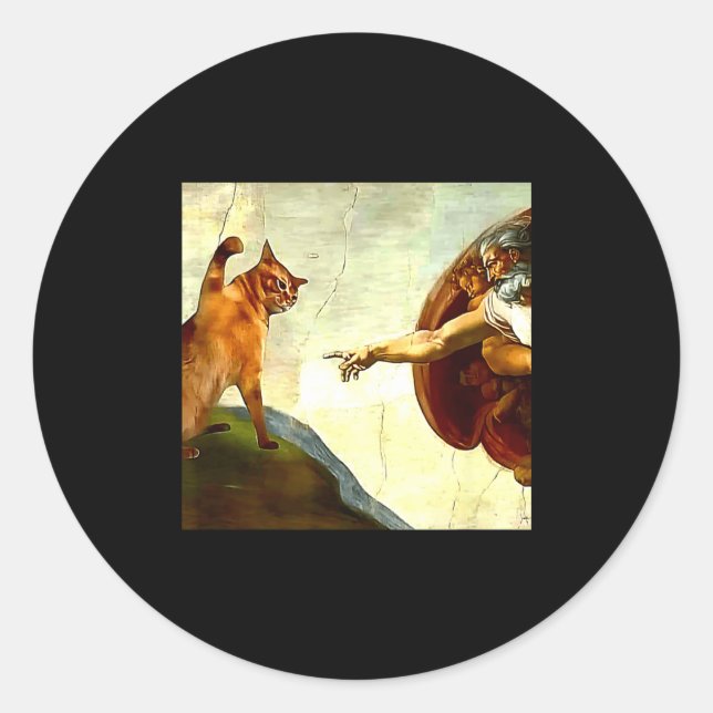 Sticker Rond Funny Cat God Creation Of Adam Meme Jesus Christia (Devant)