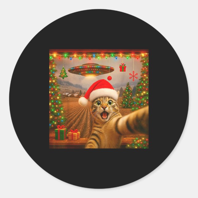 Sticker Rond Funny Cat Selfie With Alien Ufo Christmas Lights S (Devant)