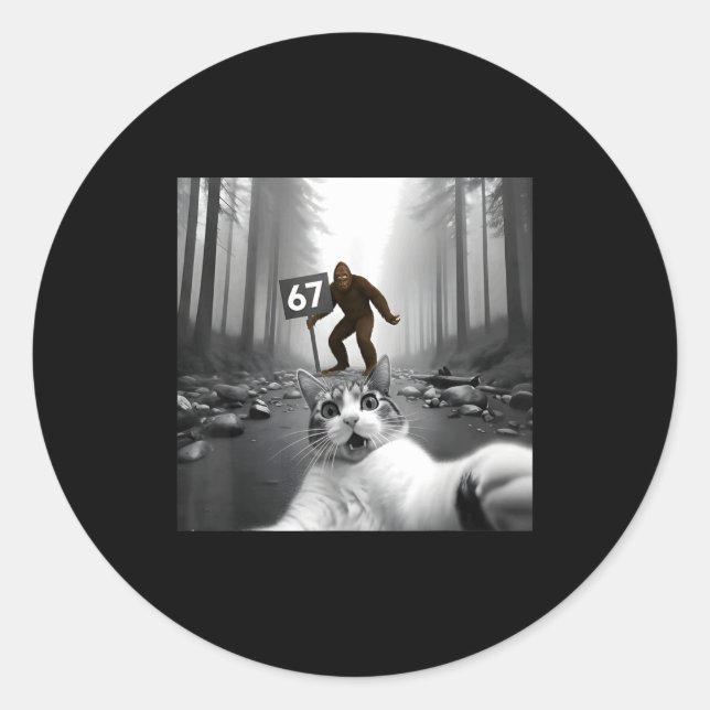 Sticker Rond Funny Cat Selfie With Bigfoot 67 Six Seven Meme Me (Devant)