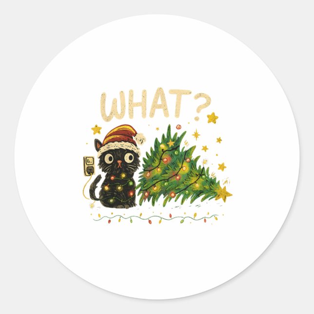 Sticker Rond Funny Cat With Christmas Lights And Fallen Tree Ar (Devant)