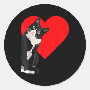 Sticker Rond Funny Chat Noir Valentines Jour Coeur Tuxedo Chat 