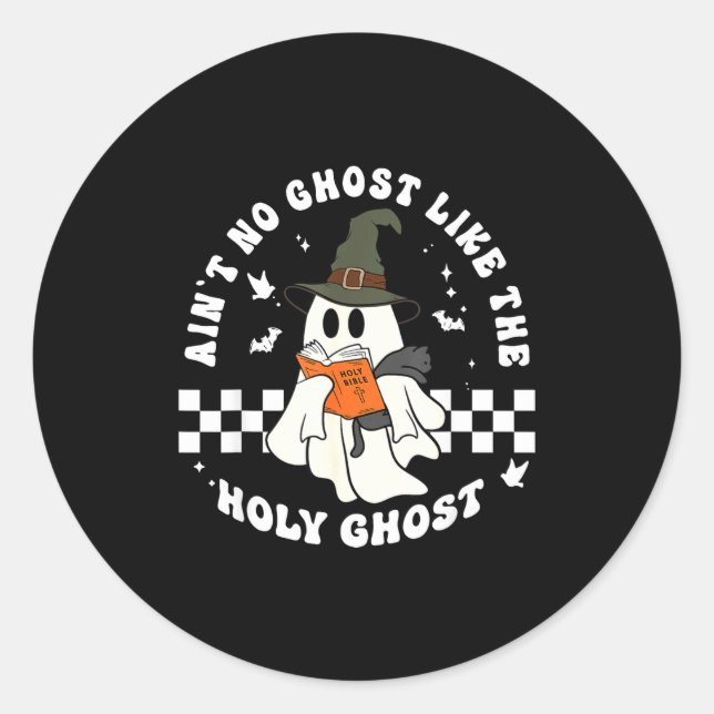 Sticker Rond Funny Christian Ghost With Bible Retro Catholic Cu (Devant)