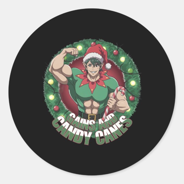 Sticker Rond Funny Christmas Elf Gym Workout Gains And Candy Ca (Devant)