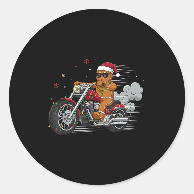 Sticker Rond Funny Christmas Gingerbread Man Biker Riding A Mot (Devant)
