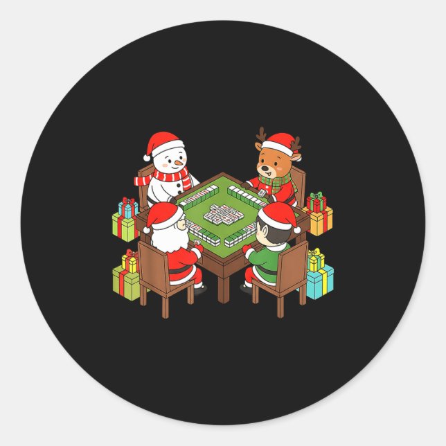 Sticker Rond Funny Christmas Mahjong Santa Snowman Elf Reindeer (Devant)