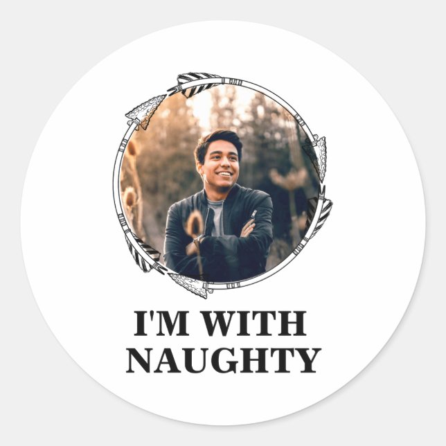 Sticker Rond Funny Christmas Matching Couple Naughty Nice Photo (Devant)