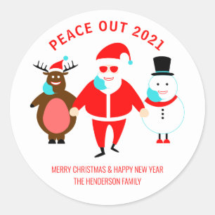 Sticker Rond Funny Christmas Peace Out 2021 Père Noël Face Mask