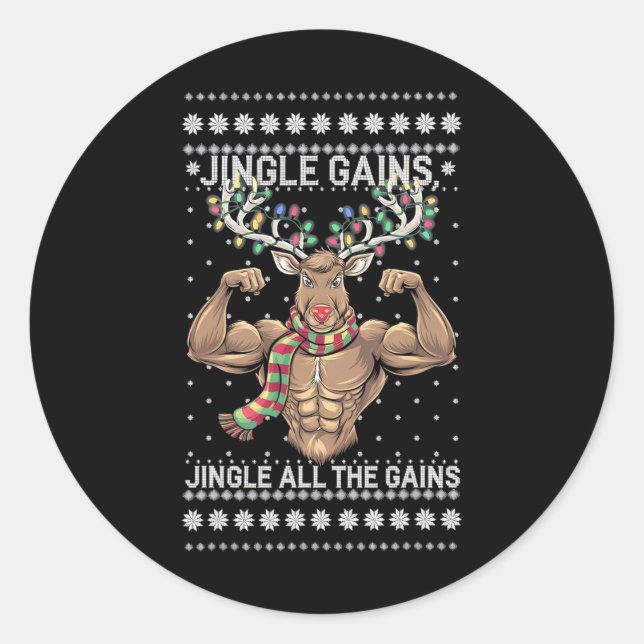 Sticker Rond Funny Christmas Reindeer Gym Workout Jingle All Th (Devant)