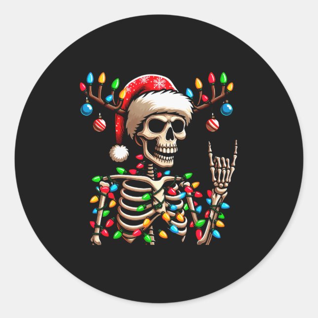 Sticker Rond Funny Christmas Skeleton Santa Hat Xmas Vibes For  (Devant)