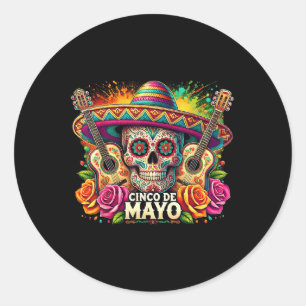 Sticker Rond Funny Cinco De Mayo Skeleton Skull Fiesta Sombrero